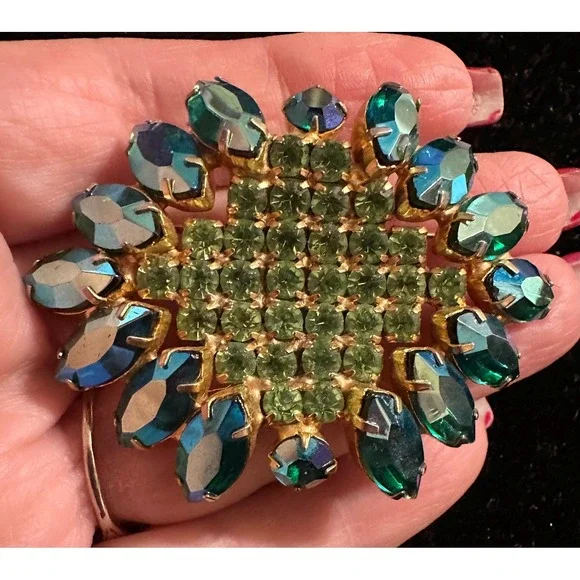Vintage Rhinestone Brooch Peacock Blue & Peridot Green - Picture 3 of 4